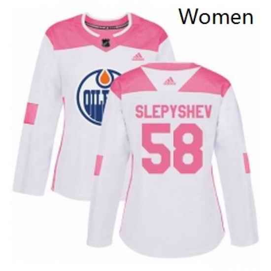 Womens Adidas Edmonton Oilers 58 Anton Slepyshev Authentic WhitePink Fashion NHL Jersey